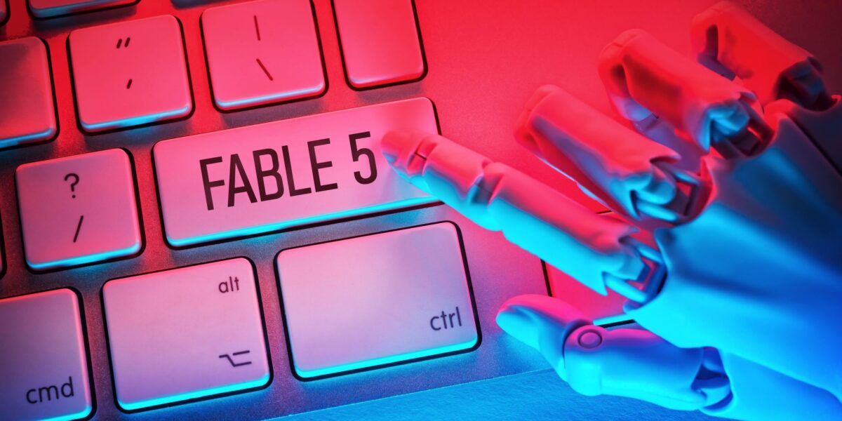 Roboter drückt auf KI-Taste am Keyboard