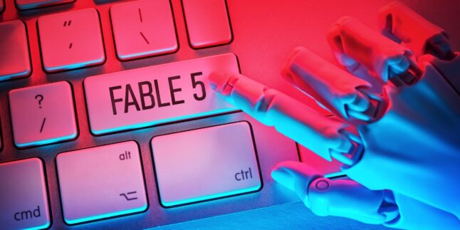 Roboter drückt auf KI-Taste am Keyboard