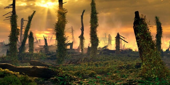 Künstlerische Darstellung der Phase des Farnbooms am Ende der Trias