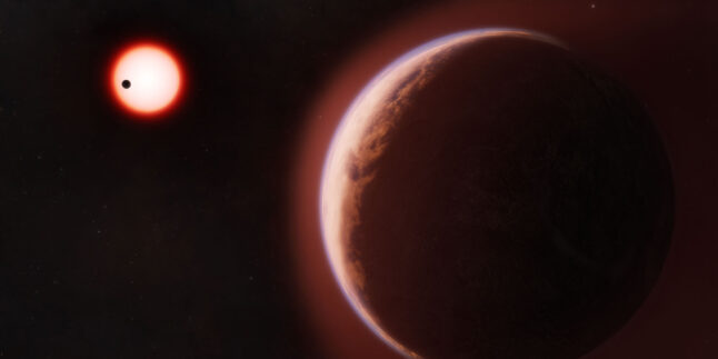 In dieser künstlerischen Darstellung ist der Exoplanet LHS 1140 b im Vordergrund zu sehen, umgeben von einer heliumreichen Atmosphäre