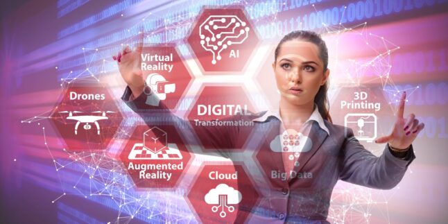 Illustration einer digitalen Benutzeroberfläche mit KI, Cloud, Big Data und weiteren Zukunftstechnologien.