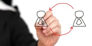 Bild einer Geschäftshand, die „Job Rotation“ für das Konzept von Personalbeschaffung