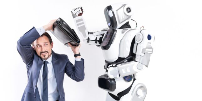 Roboter schlägt Mann auf den Kopf. Der wehrt sich mit einer Aktentasche
