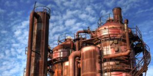 Alte energieintensive Infrastruktur mit Rostigen Rohren und Schornsteinen