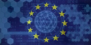 Europaflagge mit Digitalisierungshintergrund