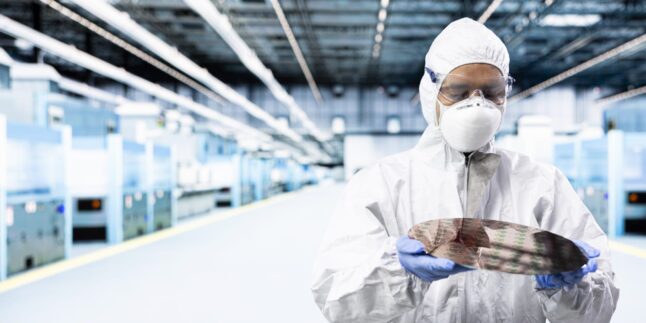Man sieht einen Mann in einem weißen Ganzkörperschutzanzug mit Maske und Schutzbrille. Er hat blaue Handschuhe an und hält eine Platine. Er steht in einem Labor.