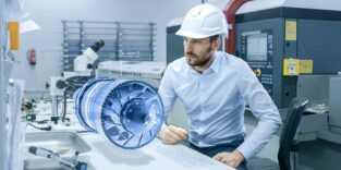 Bild aus einer hochtechnologischen, futuristischen Fabrik: Ein Ingenieur arbeitet mit einer holografischen 3D-Projektion eines Triebwerksturbinen-Prototyps. Futuristisches Design einer Virtual-Mixed-Reality-Anwendung.