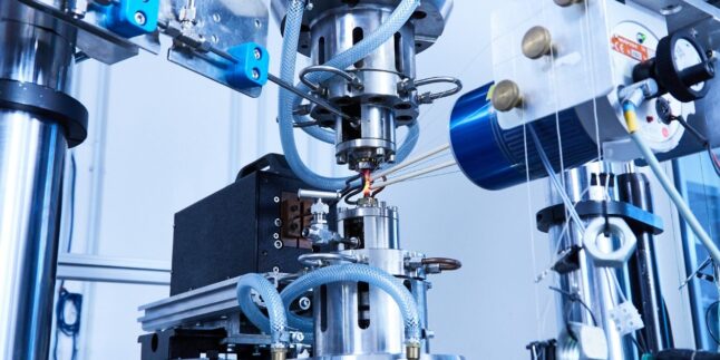 Gesamtansicht einer Prüfmaschine für thermomechanische Ermüdungstests im Labor des Fraunhofer IWM.