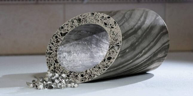 Röhrenförmiges Bauteil aus Aluminiumschaum, vorne angeschnitten