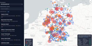 Interaktive Deutschlandkarte mit vielen farbigen Punkten zu den Stromnetzbetreibern