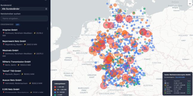 Interaktive Deutschlandkarte mit vielen farbigen Punkten zu den Stromnetzbetreibern