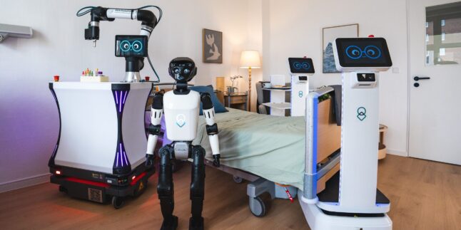 Man sieht verschiedene Roboter, humanoid und auf Plattformen in einem Pflegezimmer.