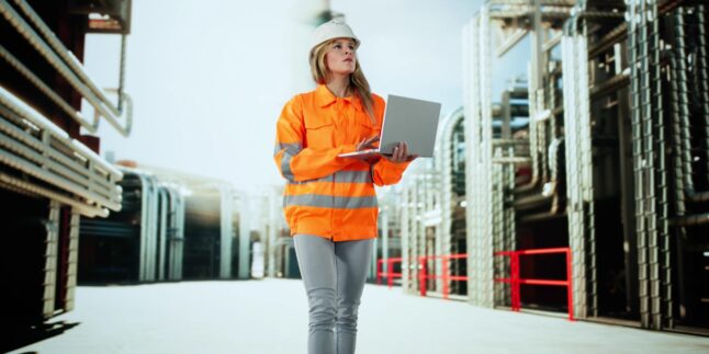 Sicherheitsingenieur führt mit Digitalisierungssoftware eine Sicherheitsinspektion in einem Kraftwerk durch.