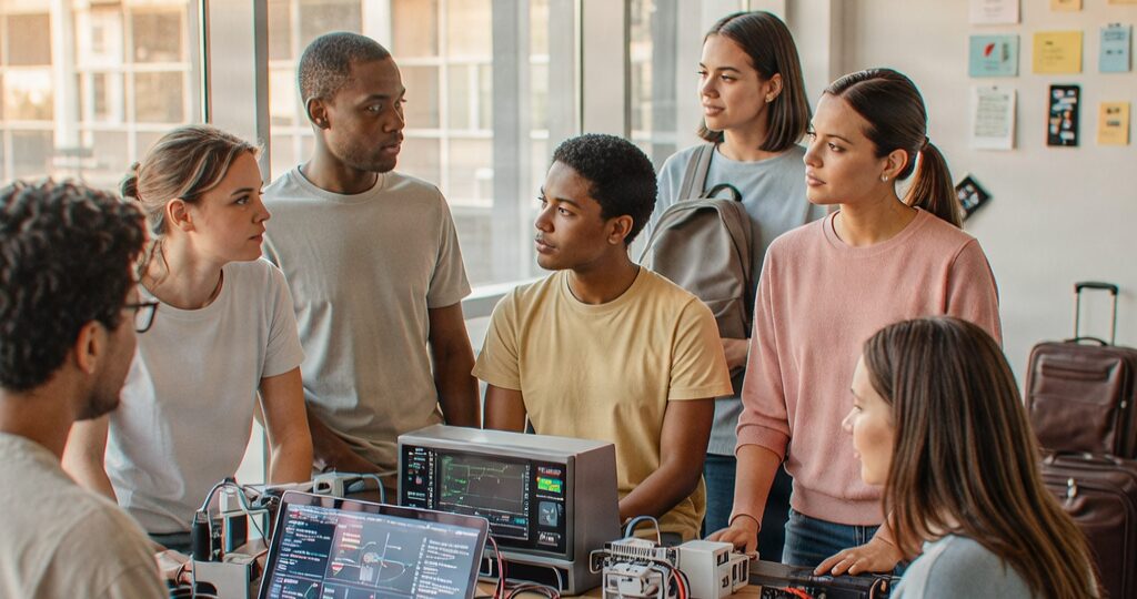 Eine Gruppe internationaler Studierender sitzt um einen Computer versammelt.