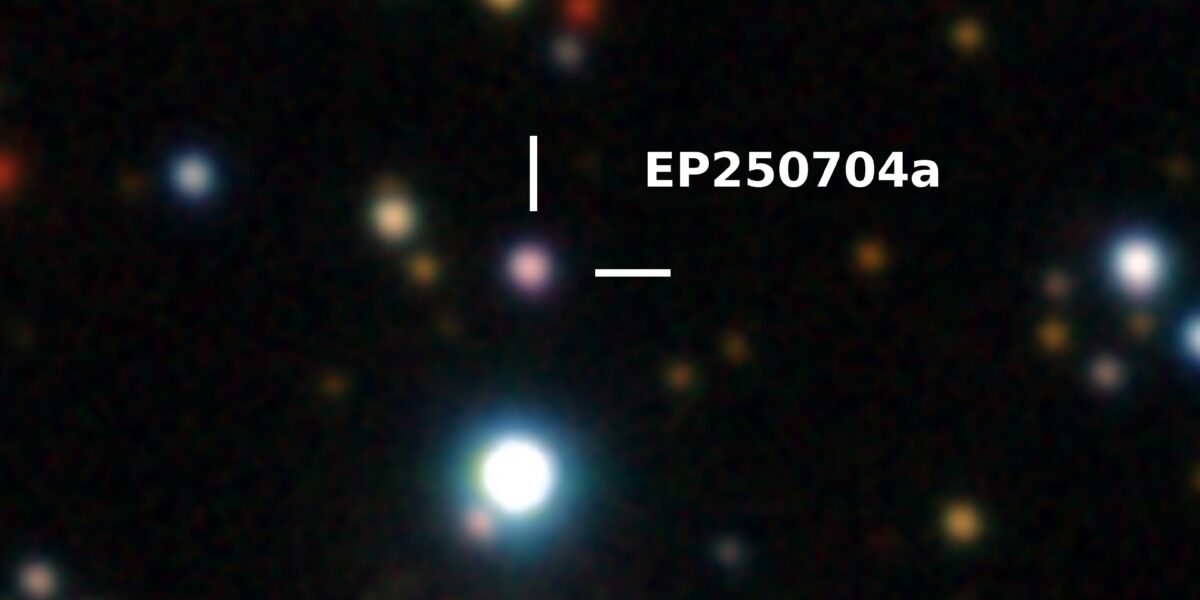 Optische Aufnahme von EP250704a mit markierter Position und VLT-Spektrum mit Absorptionslinien von Eisen und Magnesium.