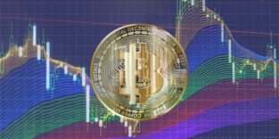Physische Bitcoin-Münze auf dunklem Untergrund, angestrahlt von warmem orangefarbenem Licht