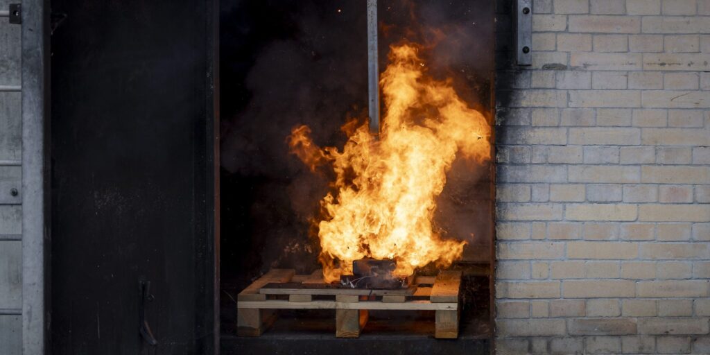Ein Akku brennt bei einem kontrollierten Brandversuch auf einer Holzpalette. Die Flammen schlagen meterhoch aus dem Gehäuse.