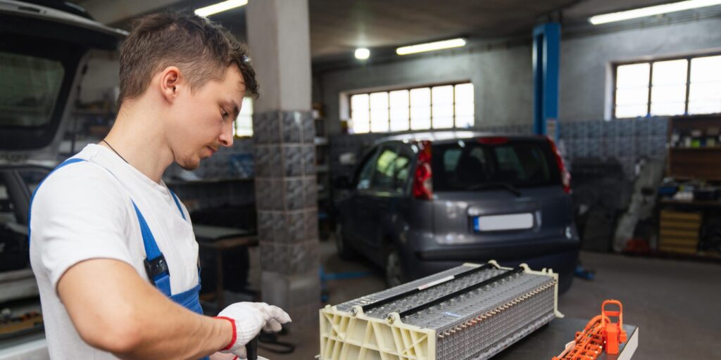 Mechaniker in einer Autowerkstatt arbeitet mit einem Schraubendreher an einem Batteriemodul für ein Elektro- oder Hybridauto