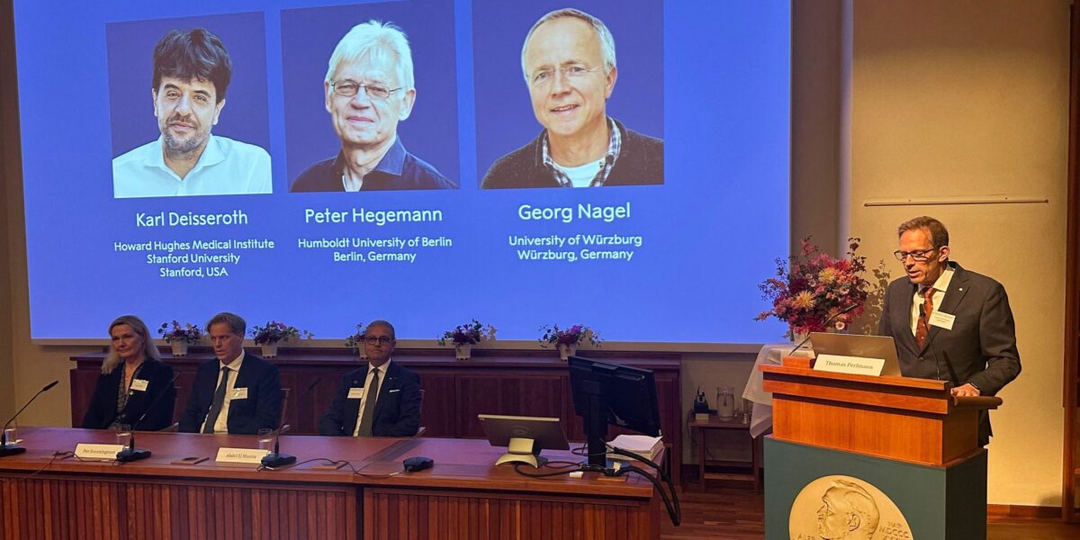homas Perlmann, Sekretär der Nobelversammlung, gibt in Stockholm die Preisträger bekannt. Ausgezeichnet wird mit Deisseroth, Hegemann und Nagel ein Werkzeug, das Nervenzellen per Licht schaltbar macht und künftig Hörimplantate präziser machen könnte. Foto: picture alliance/dpa | Steffen Trumpf