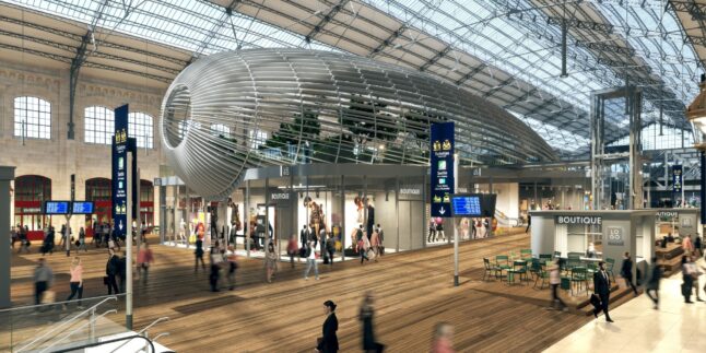 Visualisierung des luftschiffartigen Baukörpers in der historischen Halle der Gare d’Austerlitz mit Gewerbeflächen und Terrasse.