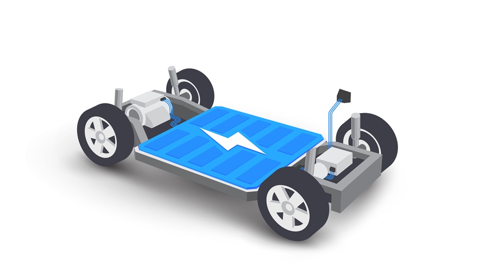 Grafik eines E-Auto-Chassis mit Batterie in der Mitte.