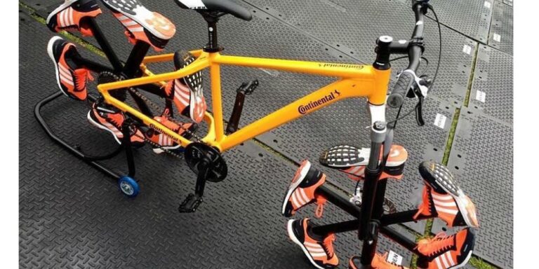 Ein Fahrrad auf Schuhen: Ist das Fahren oder noch Gehen?