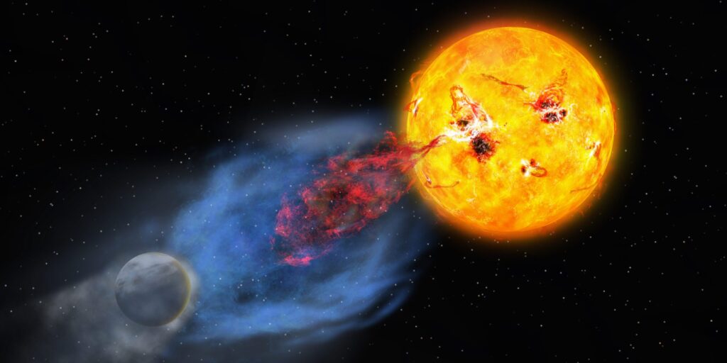Künstlerische Darstellung einer koronalen Massenauswurf von EK Draconis