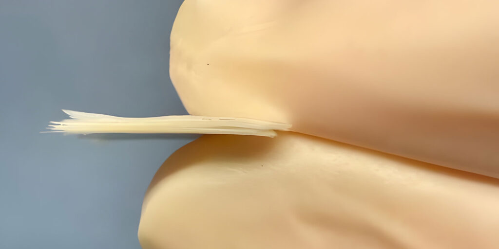 Makroaufnahme eines Stapels aus hauchdünnen, hellen Kunststofffolien, die zwischen zwei größeren Flächen liegen. Links ragen einzelne Folienlagen hervor.