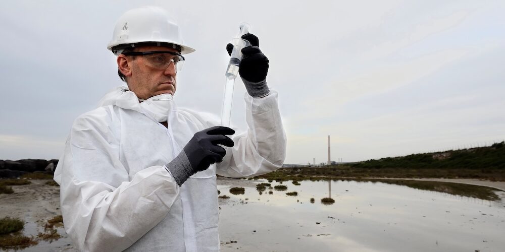 Mann in weißer Schutzkleidung begutachtet eine Wasserprobe in einem Glasbehälter