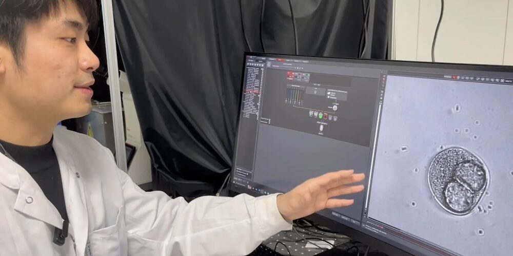 Forscher zeigt mit der linken Hand auf einen Monitor, auf dem eine Knochenzelle zu sehen ist.