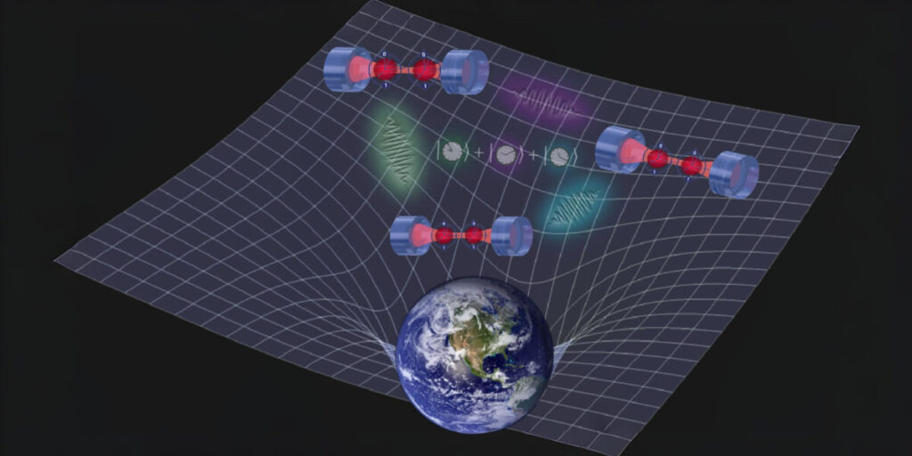 Mit Quantenvernetzung, verschränkten Atomuhren und verteilten Quantenprozessoren wollen Forschende erstmals testen, wie gekrümmte Raumzeit Quantenzustände beeinflusst – direkt auf der Erde.