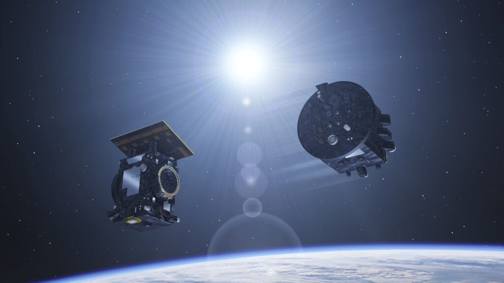 Blick auf zwei Satelliten, die sich im exakten Gleichklang bewegen.