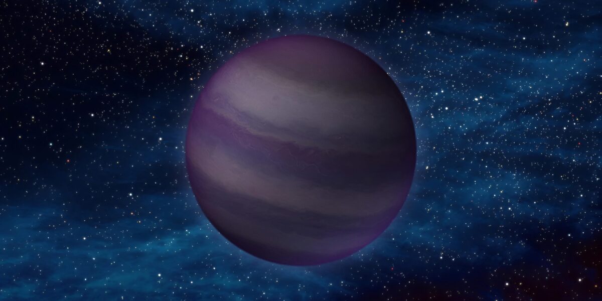 Künstlerische Darstellung eines violetten Braunen Zwergs mit hellen Wolkenbändern vor einem sternreichen Hintergrund.