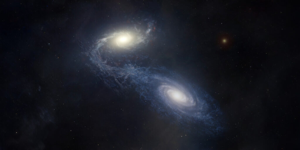 Eine künstlerische Darstellung zeigt die riesige Spiralgalaxie NGC 1365 bei der Kollision und Verschmelzung mit einer kleineren Begleitgalaxie