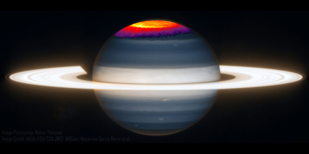 Die Abbildung zeigt die Aufhellung der Polarlichter, wie sie zuvor sowohl von der Erde als auch aus der Umlaufbahn um den Saturn beobachtet wurde