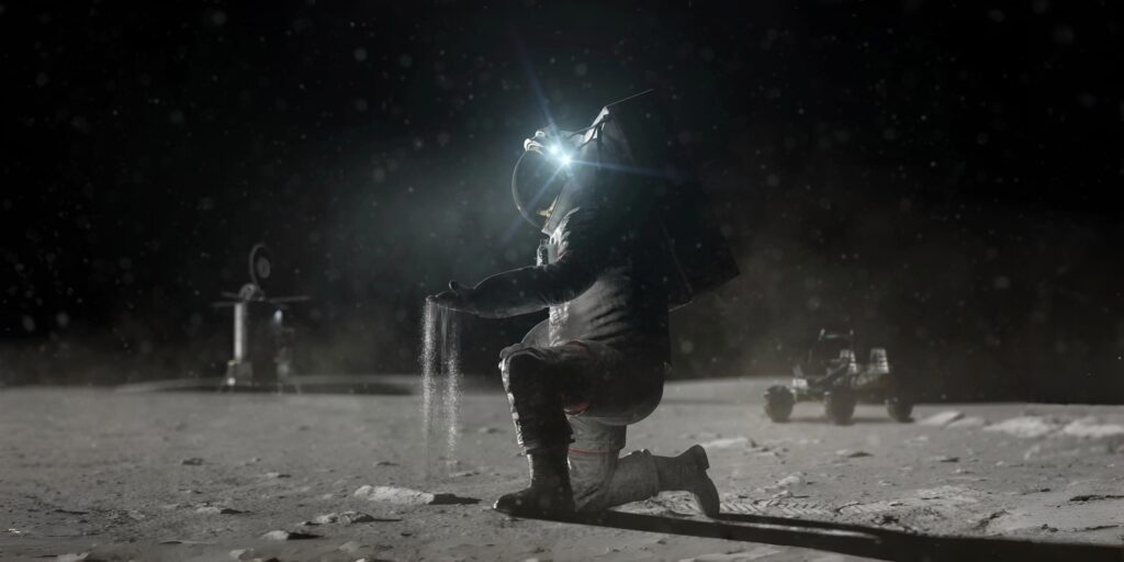 Astronaut kniet auf Mond