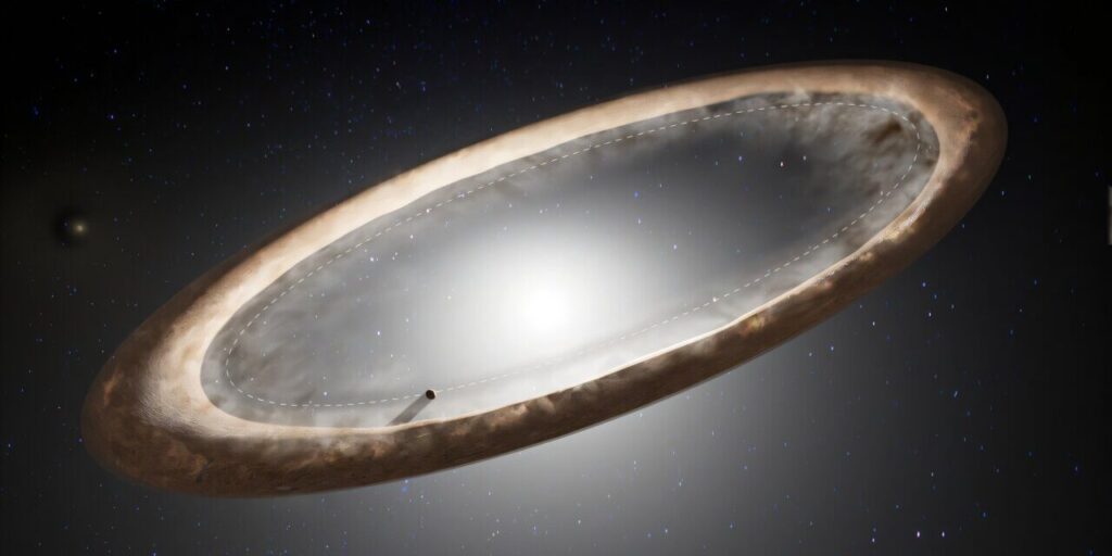 Der helle Stern in der Mitte, Fomalhaut, ist von einer alten Trümmerscheibe mit ungleichmäßiger Helligkeit umgeben