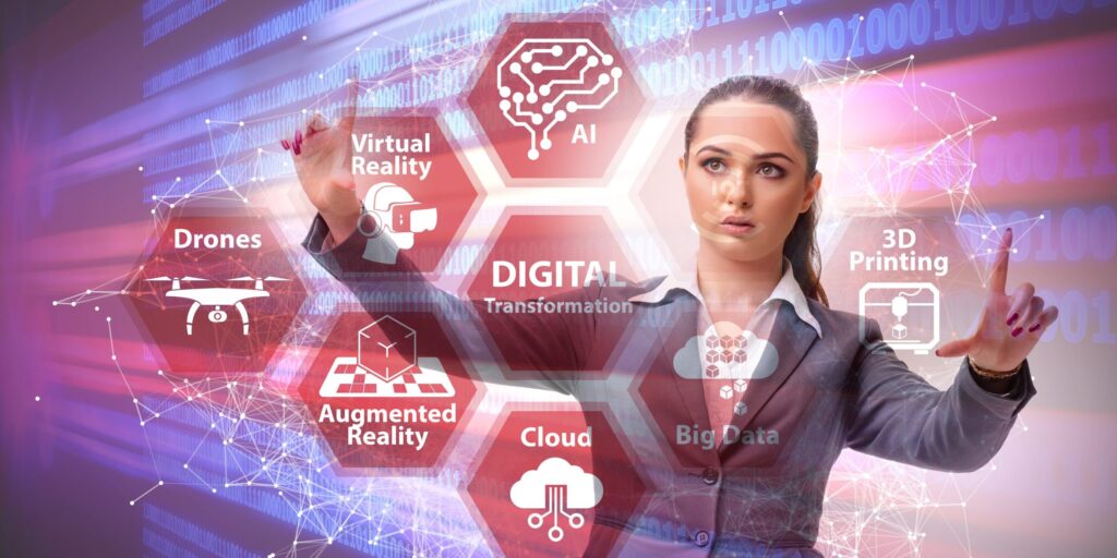 Illustration einer digitalen Benutzeroberfläche mit KI, Cloud, Big Data und weiteren Zukunftstechnologien.