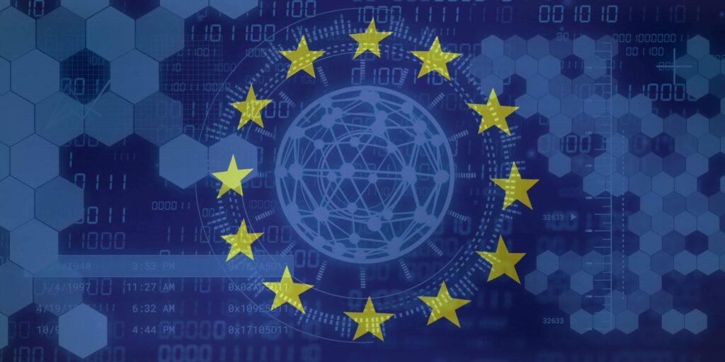 Europaflagge mit Digitalisierungshintergrund